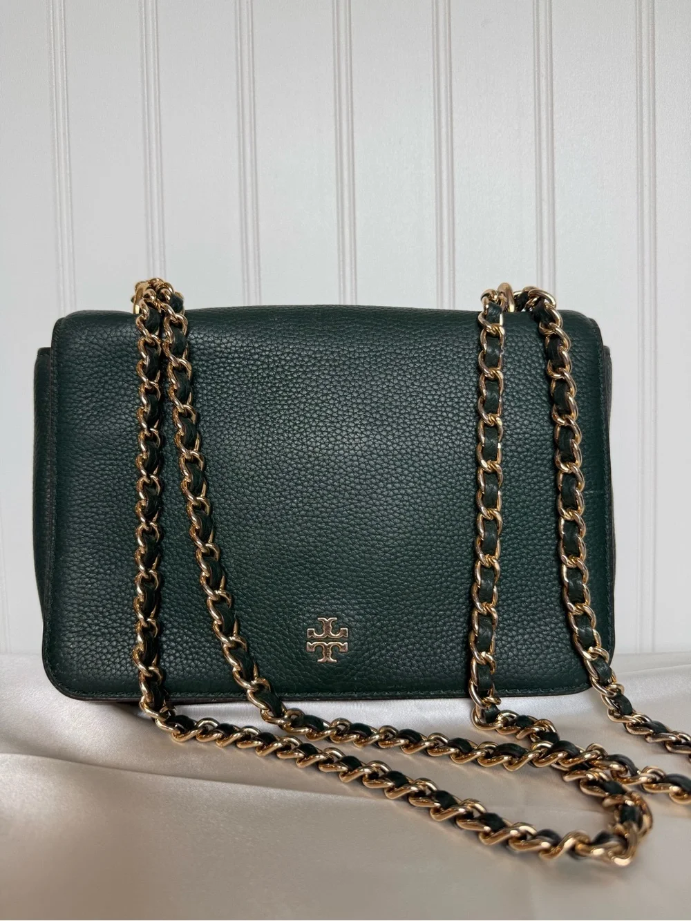 Tory Burch Miller Forest Green Pebbled Leather Chain Shoulder Bag 2019